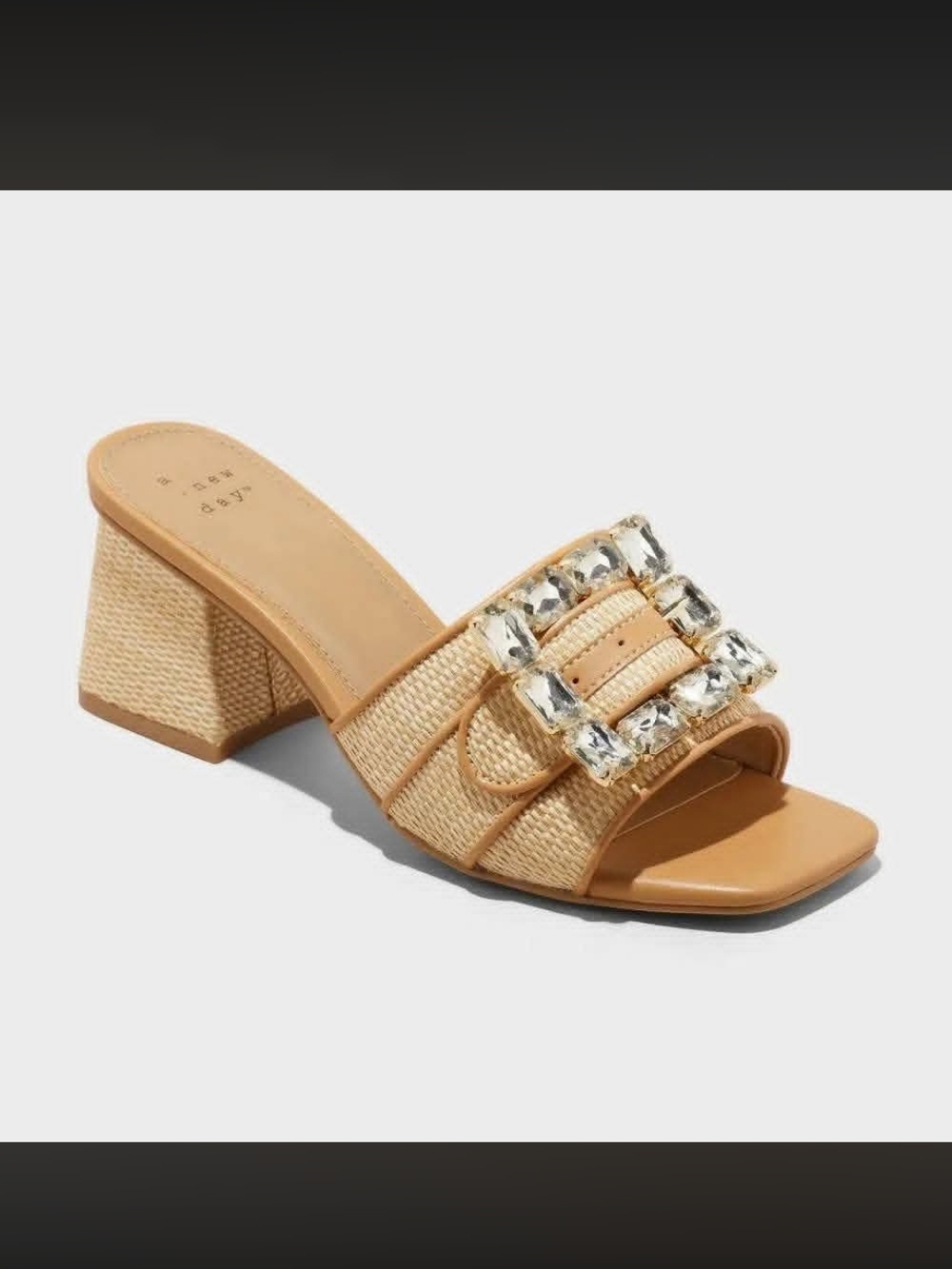 Block Heel Tan Woven Mule with Crystal Buckle Size 7 A New Day NIB